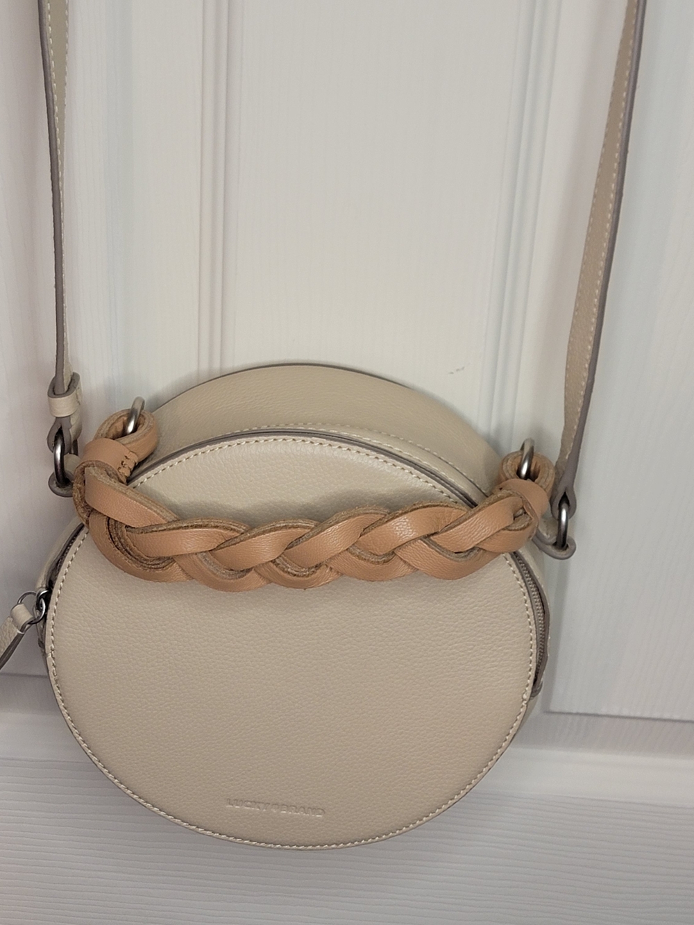 Cream Round Crossbody with Braided Tan Accent
